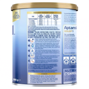 The image is a detailed label for a baby's milk powder, providing information on the recommended amount of powder for different age groups and the recommended age for mixing the powder with water.