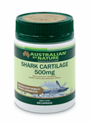 A bottle of Shark Cartilage 500mg capsules from Australian by Nature, containing 500mg of shark cartilage.
