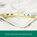 A close-up view of a white fabric with various logos and text, including a crown logo, indicating it is a luxury product.