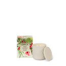 A white ceramic candle with a lid and a box with a floral design are shown against a white background.