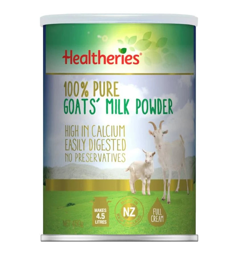 a can of goat's milk powder with a label that includes text and images.