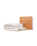 a folded white blanket and a cardboard box labeled "Sleeping Calm" next to each other.