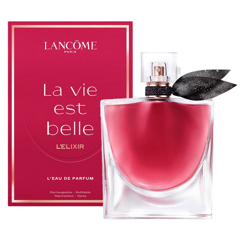 a red box and a clear glass perfume bottle with a black leaf-shaped cap, both labeled with the text "La vie est belle L'éux de parfum".