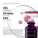 The image is an advertisement for a skincare product, specifically a 24-hour anti-aging serum. It features a close-up of the product and a bottle of the same product, along with a diagram of the product's effects. The ad highlights the clinical proven results of the product, including its ability to improve skin radiance and 24-hour hydration boost. The ad also mentions that the product is designed to visibly fill fine lines and is suitable for use after 12 weeks.