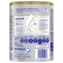 The image is a detailed view of the back of a bottle of Aptamil infant formula, showing the nutritional information, ingredients, and barcode.