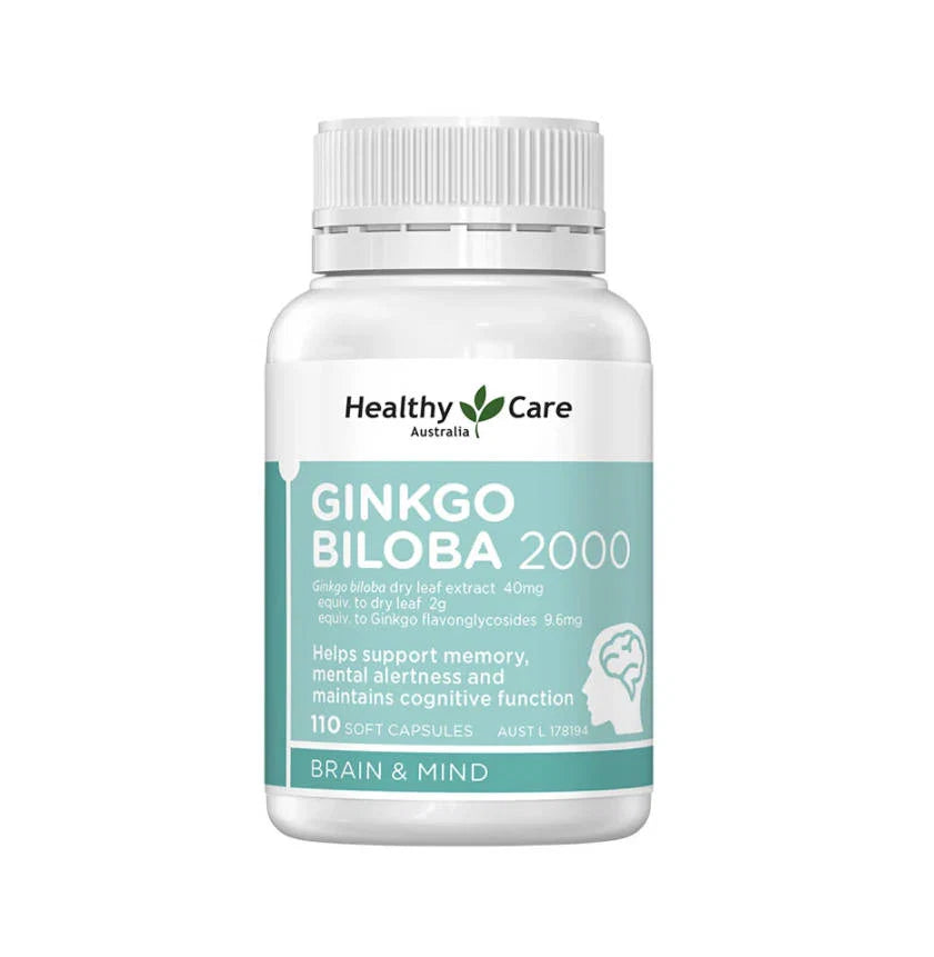 a bottle of Ginkgo Biloba 2000, a supplement from Healthy Care Australia.