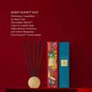 a set of five black incense sticks arranged in a circular pattern on a red surface, with a blue box labeled "Velvet Rhapsody" next to them.