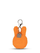 An orange, plush keychain shaped like a bunny with a metal hook attached to it.