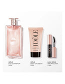 a collection of beauty products from the brand L'Olive, including a perfume bottle, a tube of body cream, and a mascara tube.