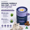 The image is an advertisement for AINPET hairball and skin coat chew products for cats. It features a cat lying next to a can of the product, with text and images highlighting the benefits of the product.