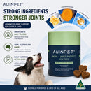 The image is an advertisement for a product called "Auipet Strong Ingredients Stronger Joints" for dogs and cats. It features a dog with its mouth open, and there are images of the product and its ingredients.