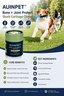 The image is an advertisement for a pet product called "Auipet Bone + Joint Protect Shark Cartilage Chews". It features a dog running with a blue frisbee in its mouth, along with a green container of the product.