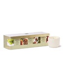 a set of four candles in a white box, each with a different color and pattern.