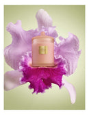 A pink candle with a gold logo is surrounded by a large purple orchid flower against a green background.
