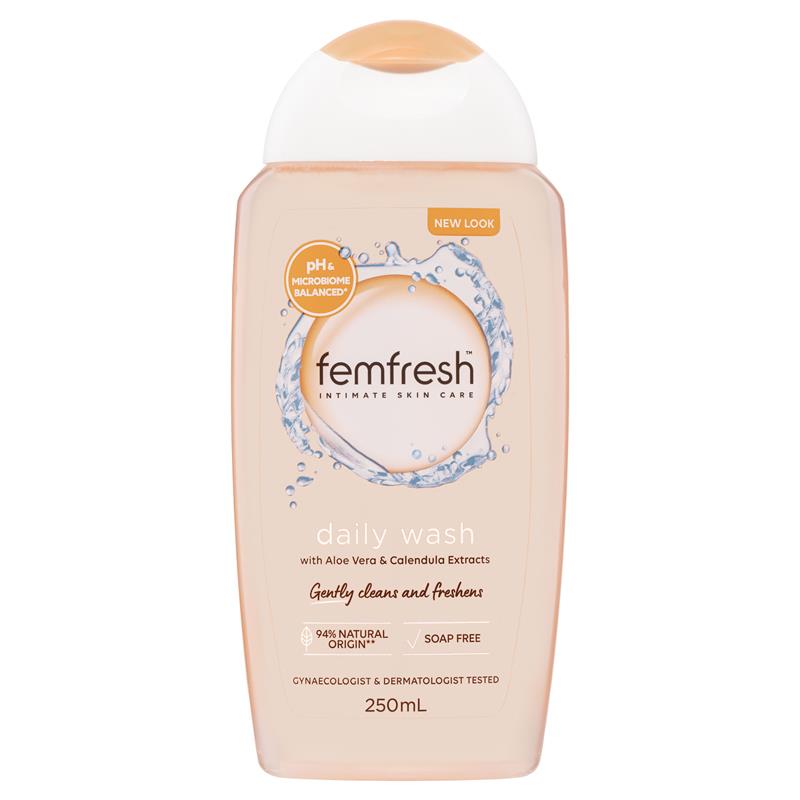 a bottle of Femfresh Daily Wash shampoo, which is a new look product.