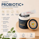 The image is an advertisement for a probiotic and digestive health product called "Auinpet Probiotic+ Digestive Balance Powder". It features a black and white color scheme with various icons and text highlighting the product's benefits and features.