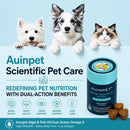 The image is an advertisement for scientific pet care products, featuring three dogs and a cat. The dogs are white and black, while the cat is brown and white. The products are labeled as "Scientific Pet Care" and "Auipet Algal & Fish Oil Dual-Action Omega-3".