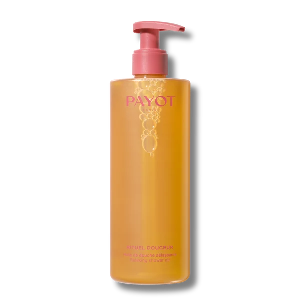 A bottle of Payot liquid hand soap with a pink pump dispenser.