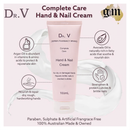 The image is an advertisement for a hand and nail cream product called Dr. V. It features a tube of cream and various icons representing the product's benefits.