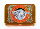 a tin can with a picture of a ram's head and the text "BAA RAM EWE Lanolin Skin Balm" around it.