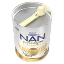 A can of Nestle Nan Supremed Pro powdered milk with a spoon inside.