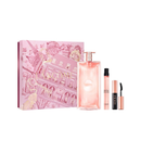 a pink box with a pink and gold illustration, containing a perfume bottle, a makeup tube, and a mascara tube.
