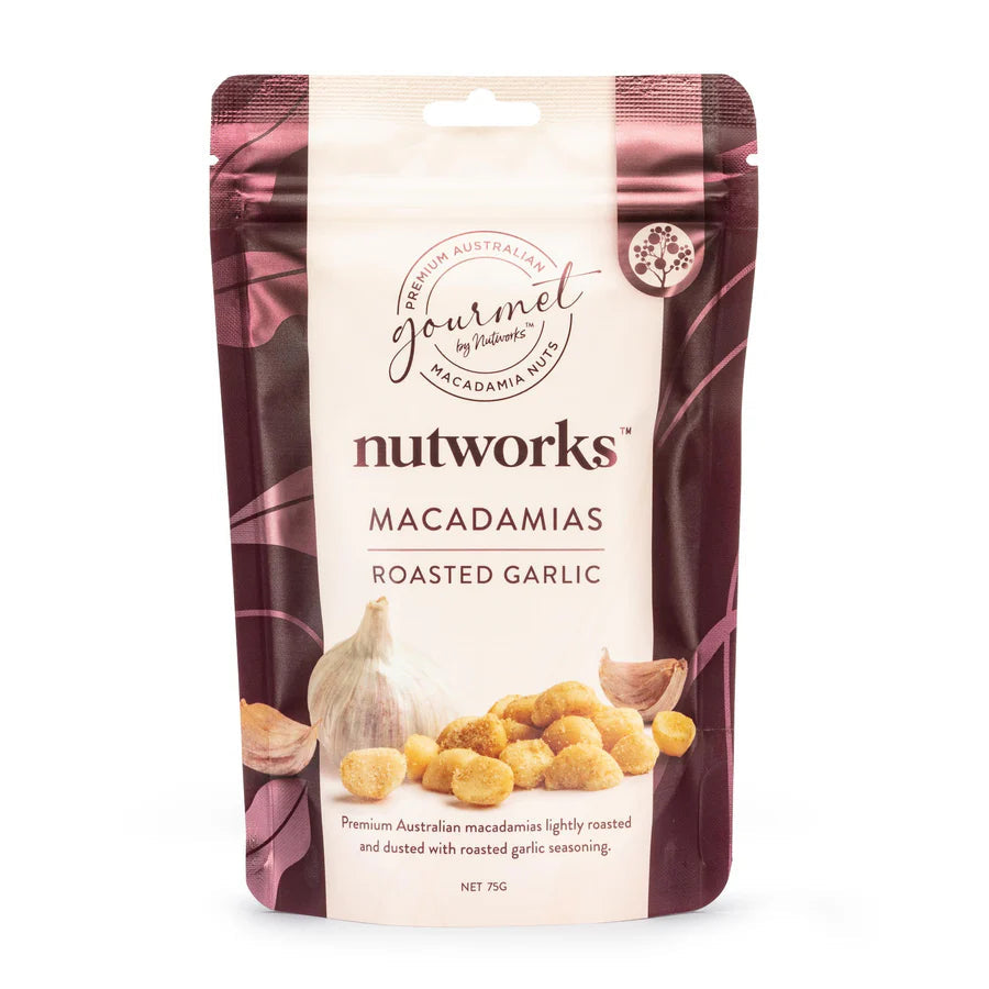 Roasted Garlic Macadamias – Premium Australian Grown Hand Roasted Nuts 75g Nutworks