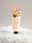 A tube of coconut and finger lime hand cream is shown against a white background.