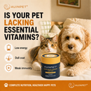 a dog and a cat sitting next to a large container of pet food, with text asking "Is your pet lacking essential vitamins?"