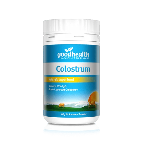 a bottle of colostrum powder, a natural food supplement, with a label that includes the Good Health logo and the product name.
