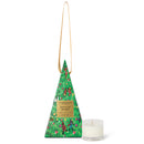 A triangular-shaped box with a Christmas tree design and a candle in a clear glass holder.