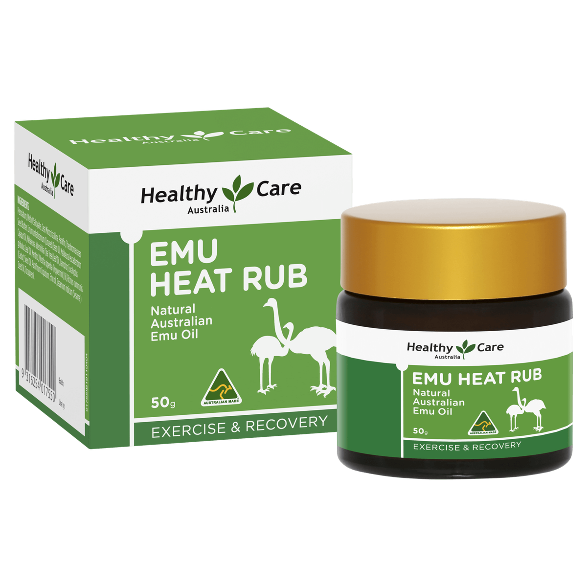 a box and a jar of Emu Heat Rub, a natural Australian emu oil product, from Healthy Care Australia.