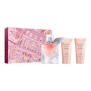 a pink perfume box, a pink perfume bottle, and two tubes of the same perfume.