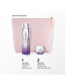 a pink cosmetic bag with a bottle of Lancome Rejuvenie Triple Serum 50ml and a small jar of Lancome Rejuvenie Cream Hp.N. 300-Peptide 15ml.