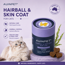 a cat and a purple cylindrical container of cat treats, with text promoting the product as a natural care, hairball and skin coat supplement for cats.