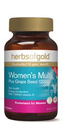 A brown glass bottle with a gold cap, containing a multivitamin supplement for women.