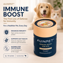 a product called "Auinpet® Immune Boost" for pets, including a dog and a cat. The product is described as the first line of defense for immunity, suitable for all breeds and life stages, and Australian-made. The packaging is a cylindrical container with a lid, and the product is shown in a close-up view.