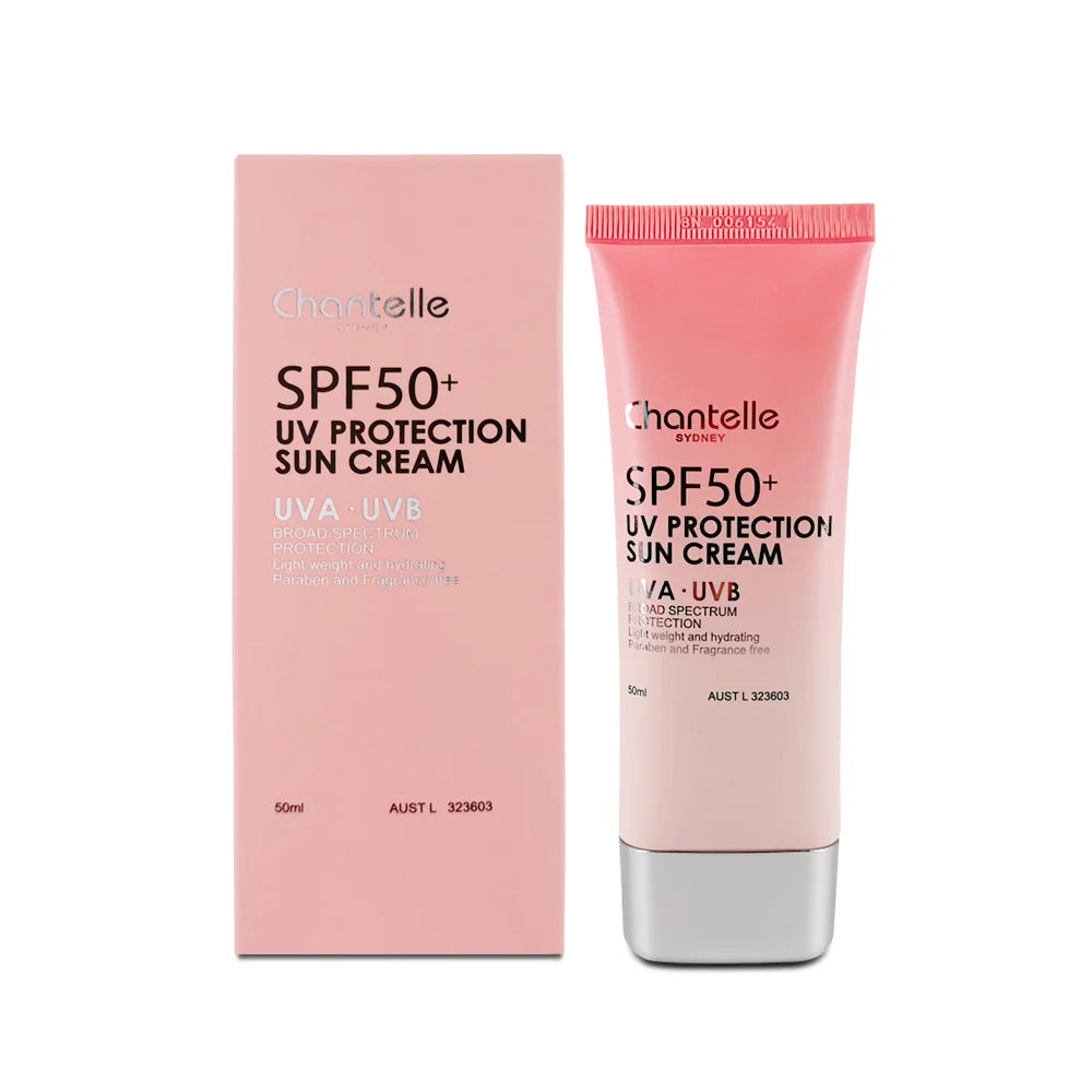 a pink sunscreen tube and its packaging, both labeled as SPF 50+ UV Protection Sun Cream.