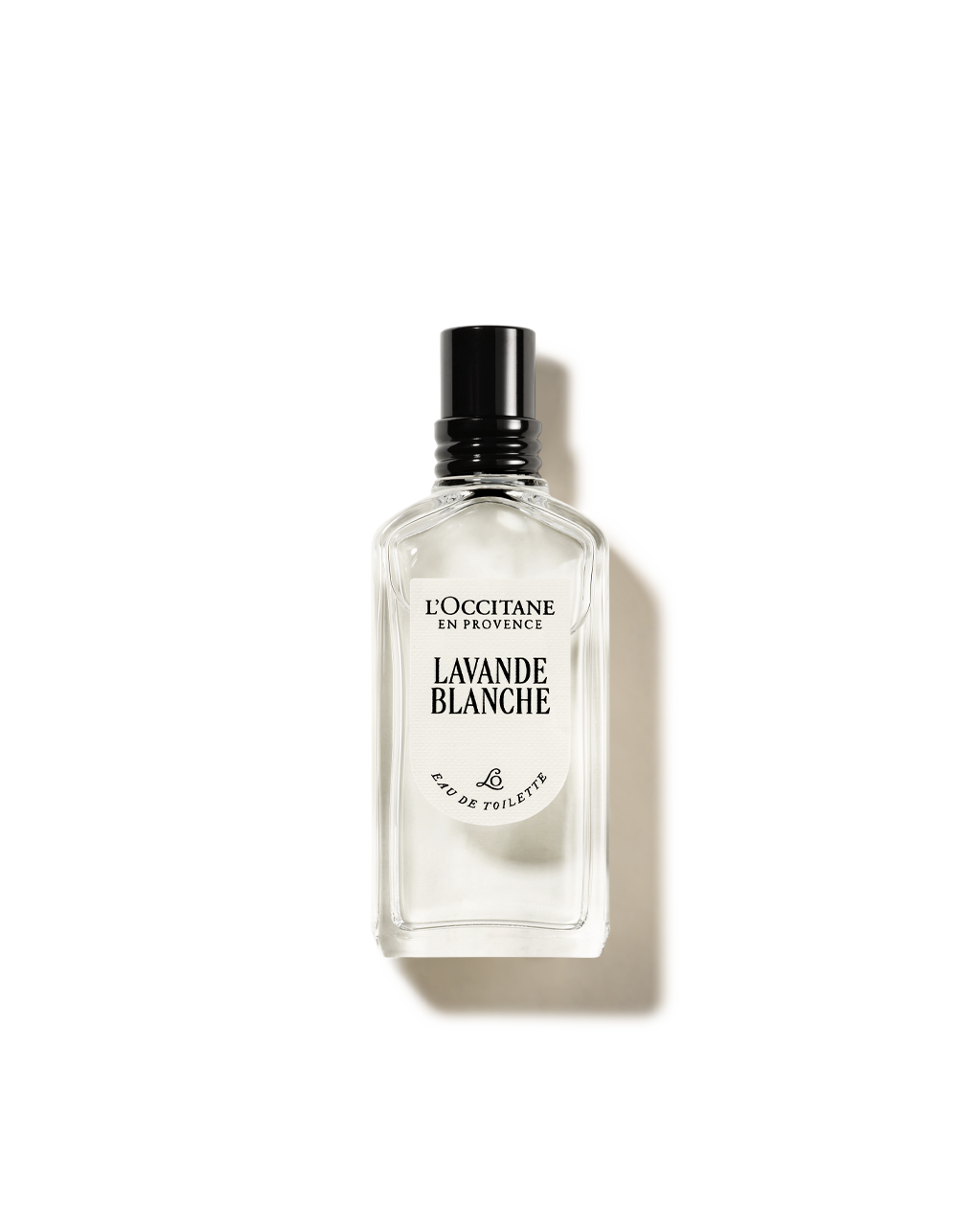 A bottle of L'Occitane eau de toilette, specifically Lavande Blanche, is shown against a white background.