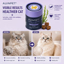 The image is an advertisement for a product called "Auipet" that claims to be a "VISIBLE RESULTS HEALTHIER CAT" for hairball and skin health. It features two photographs of cats before and after using the product, with text highlighting the product's benefits.