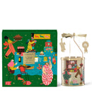 The image is a gift box and a tin can, both featuring colorful illustrations of people and various objects, such as cakes, chairs, and a clock.