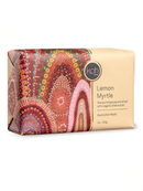 A rectangular bar of soap with a colorful, abstract design on the packaging.