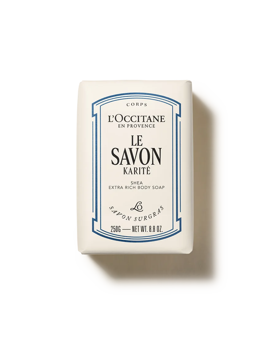 a rectangular bar of soap with a blue and white label.