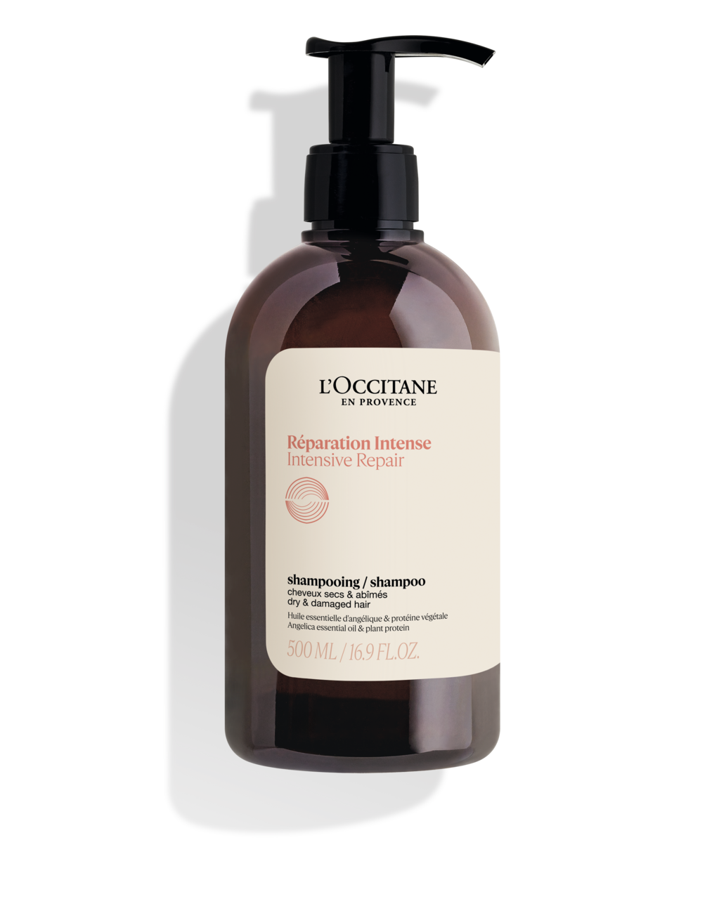 A bottle of L'Occitane Repair Intense Hair & Scalp Repair shampoo, containing 500 mL (16.9 FL OZ) of the product.