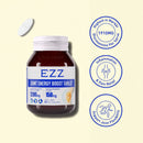 a bottle of joint energy boost tablet from Ezz Life Sciences, along with three blue and white labels that provide information about the product.