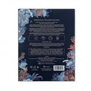 The image is a product packaging for a "Marine Boost Collagen Face Mask". The packaging has a dark blue background with a floral design and includes text and images related to the product.