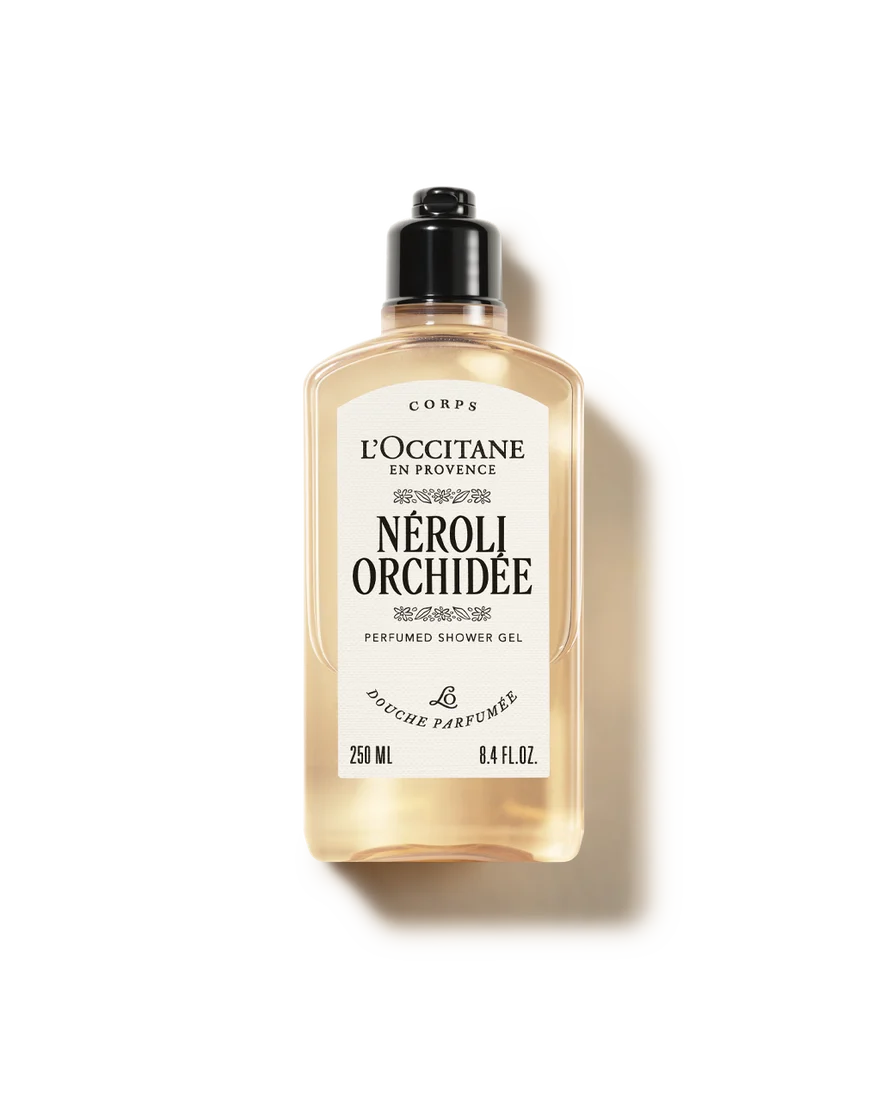 a bottle of L'Occitanee in France, specifically the "Orchidée" fragrance.