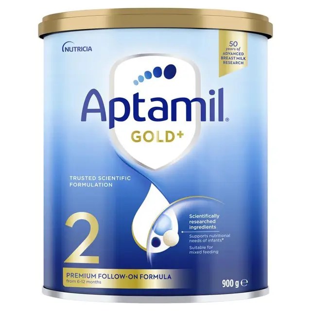 A can of Aptamil Gold+ baby milk powder with a blue and gold color scheme.