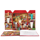 a red and gold-colored advent calendar with various holiday-themed illustrations and products displayed on it.