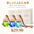 The image is an advertisement for Blue Jacar Mini Car Diffusers, featuring three different colored glass bottles with wooden pendants and a price tag of $29.90.